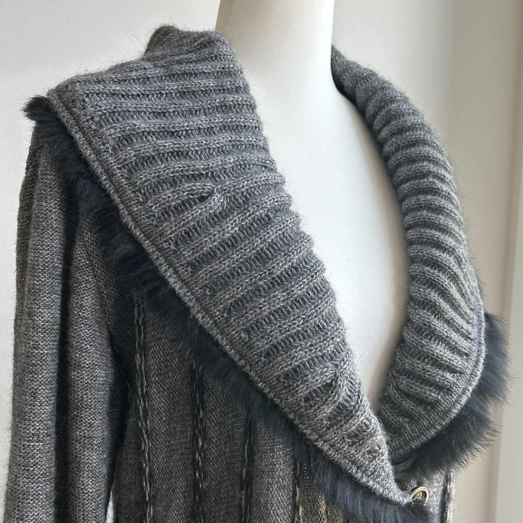 Joseph Ribkoff Dark Heather Grey Faux-Fur Shawl Collar Long Coatigan Us L